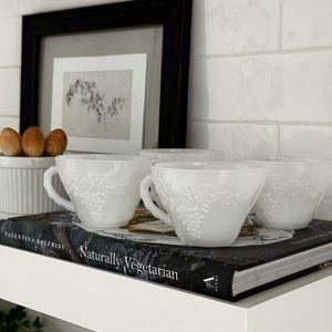 Vintage Anchor Hocking Molded Translucent Milk Glass Cups Grapevine Pattern Set